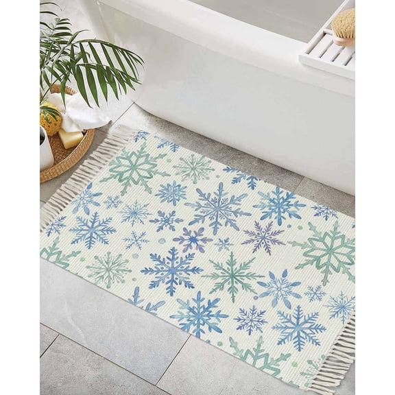 Teal Blue Snowflakes Bathroom Rug 2x3 Front Door Mat with Tassel Cotton Woven Throw Area Rug Washable Small Entry Rugs Christmas Snowflake Winter Holiday Low Profile Carpet for Kitchen Laundry Room