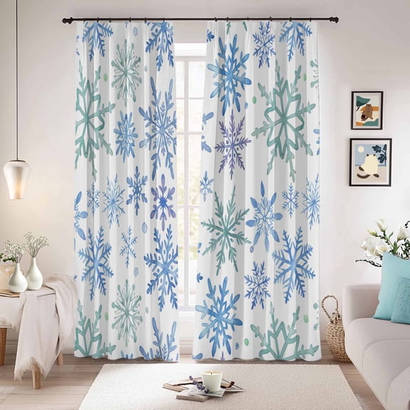 Teal Blue Snowflakes Blackout Curtains for Bedroom/Living Room, Pinch Pleated Black Out Curtains, Christmas Snowflake Winter Holiday Room Darkening Window Drapes with Hooks 2 Panels, 39"x70"