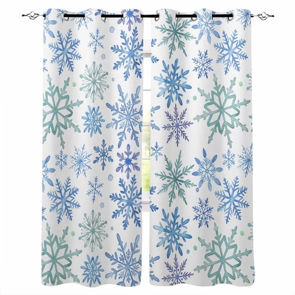 Teal Blue Snowflakes Blackout Curtains for Bedroom/Living Room, Thermal Insulated Kitchen Curtains, Christmas Snowflake Winter Holiday Grommet Darkening Window Treatment Drapes 52"x63"x2