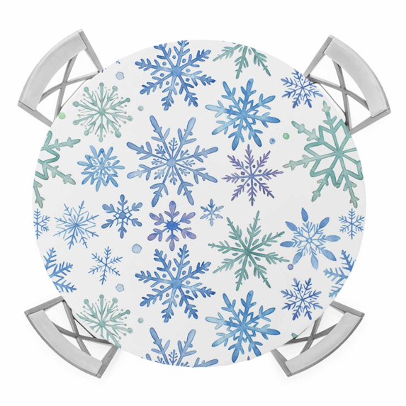 Teal Blue Snowflakes Round Tablecloth for 45-54 Inch Tables,Fitted Table Cover with Elastic Edge,Christmas Snowflake Winter Holiday Waterproof Outdoor Table Cloth Protector for Patio Garden Dinner