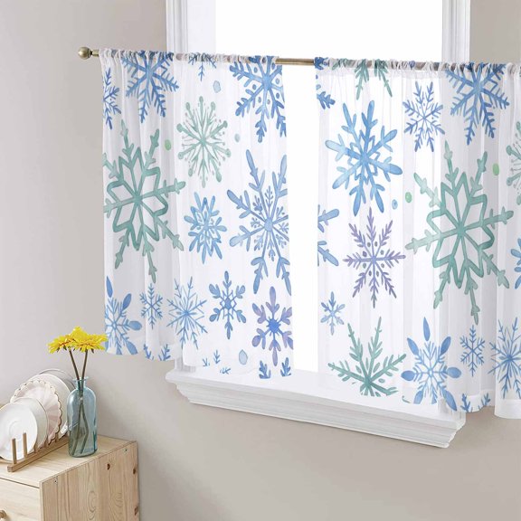 Teal Blue Snowflakes Sheer Curtains 54 Inches Long, Christmas Snowflake Winter Holiday Light Filtering Window Curtains for Living Room, Rod Pocket Voile Sheer Curtain Drapes, 52"Wx54"L, 2 Panels