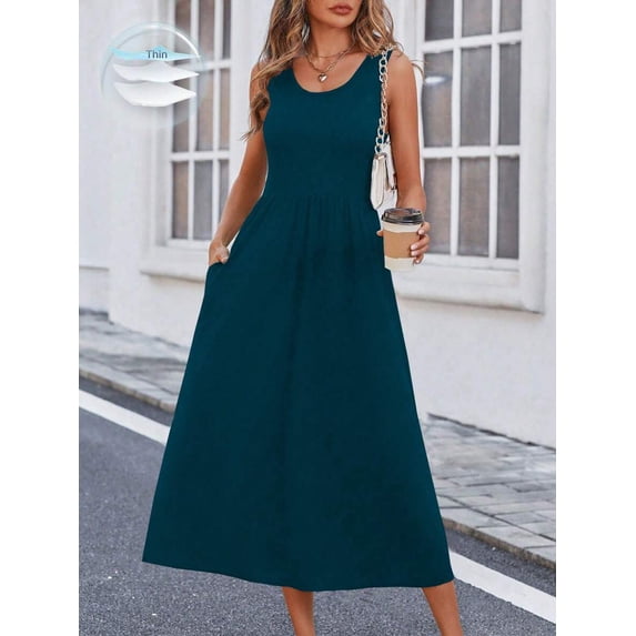 Teal Blue Solid Slant Pocket A-Line Maxi Dress For Women