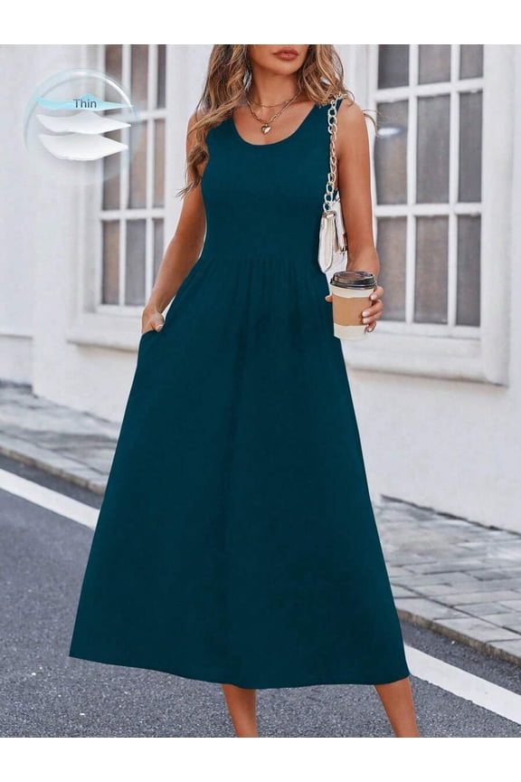 Teal Blue Solid Slant Pocket A-Line Maxi Dress For Women