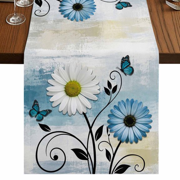 Teal Blue Spring Floral Burlap Cotton Table Runner 13x36 Inches Short, Daisy Watercolor Vintage Butterfly Farmhouse Table Runners, Outdoor Dining Table Decor for Baby Shower/Party/Wedding