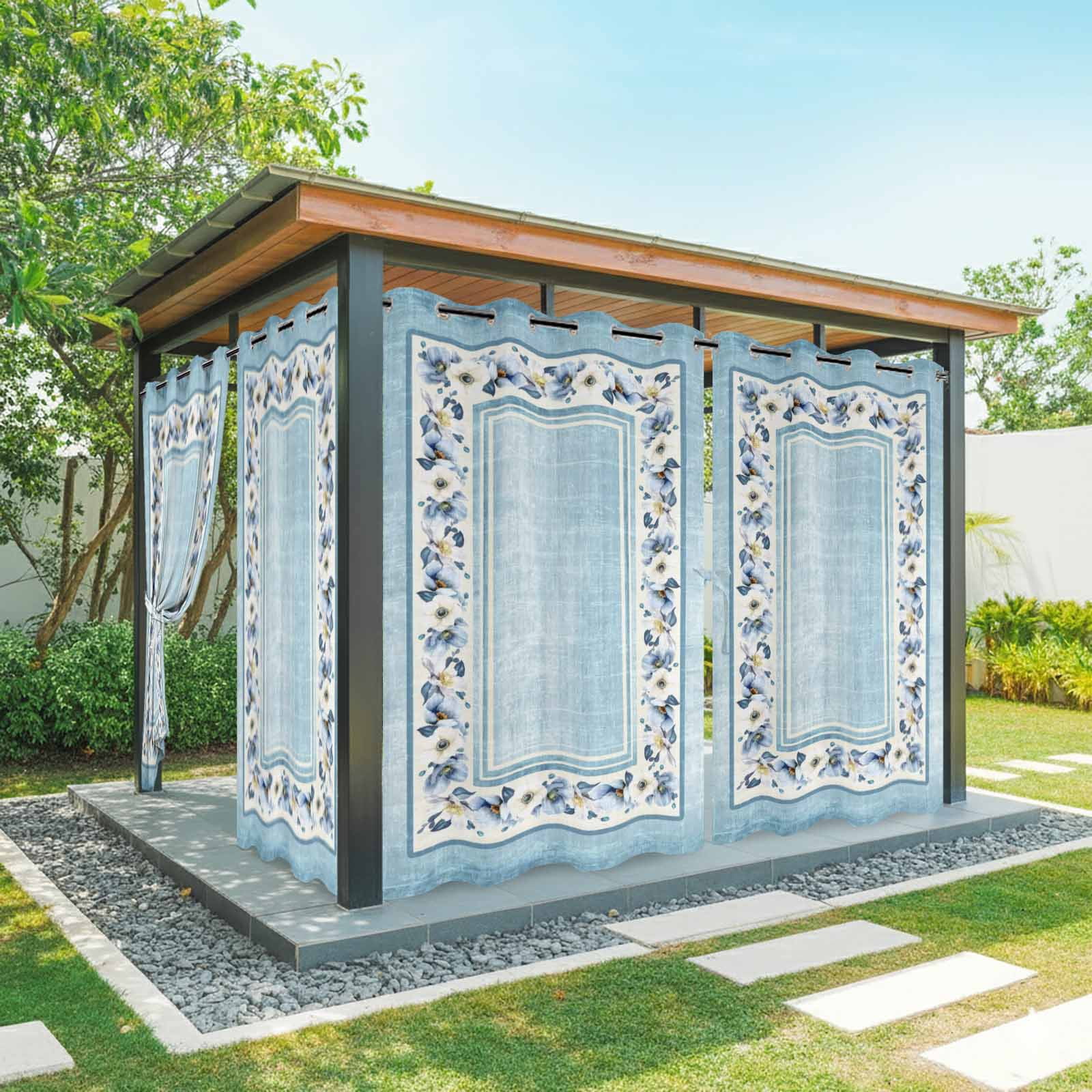 Teal Blue Spring Floral Outdoor Curtains for Patio, Vintage Summer Botanical Classic Sunshade Privacy Drapes Grommet Waterproof Outside Curtains for Porch/Cabana/Balcony 54"x 84", 1 Panel