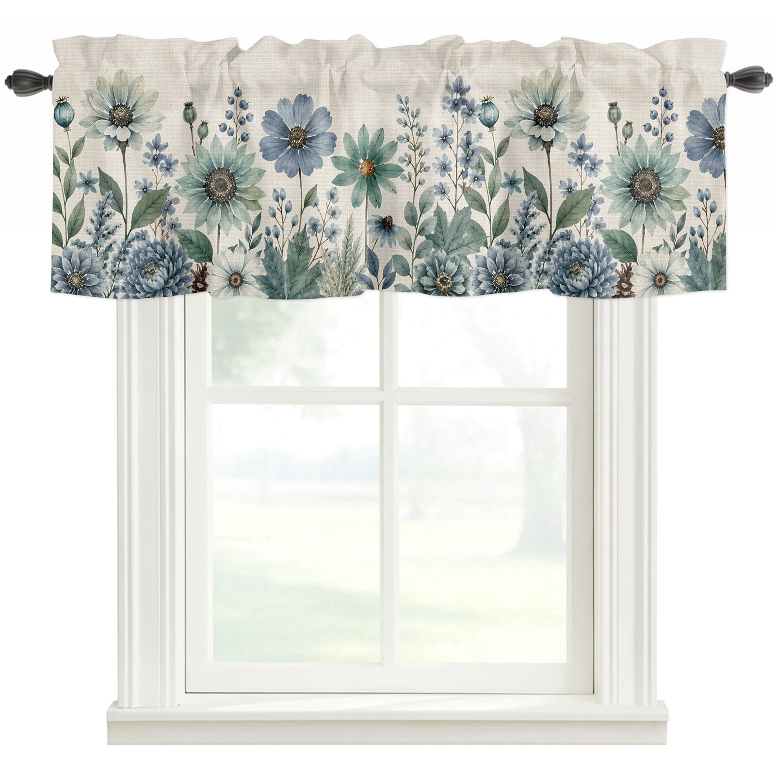 Rustic Valance Teal Blue Spring Floral Rod Pocket Curtain Valance, Farmhouse Flowers ...