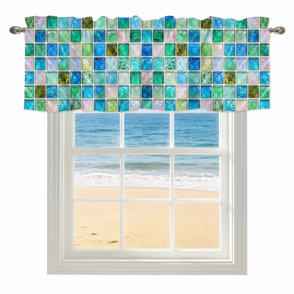 Teal Blue Square Mosaic Valances for Windows, Rod Pocket Kitchen Valance Curtains - Soft & Washable Small Window Treatment for Living Room, Bathroom, Summer Glass Squares 42x12inch, 1 Panel