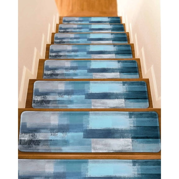 Teal Blue Stair Treads for Wooden Steps Indoor Runner Rug Carpet, Modern Oil Painting Abstract Ombre Geometric 4 Pieces Peel and Stick Staircase Step Treads Covers Washable Throw Door Mats, 30"x8"