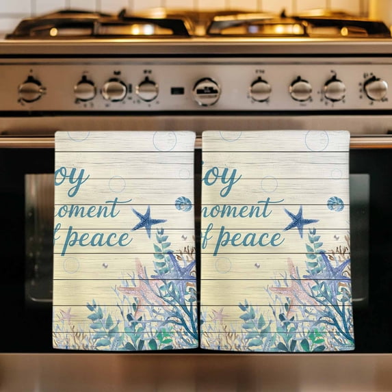 Teal Blue Starfish Coastal Kitchen Towels Set of 3, Nautical Coral Ocean Wooden Absorbent Dish Towels for Kitchen, Microfiber Hand Towel, Quick Drying Tea Towel for Cleaning Decorative Dishcloths