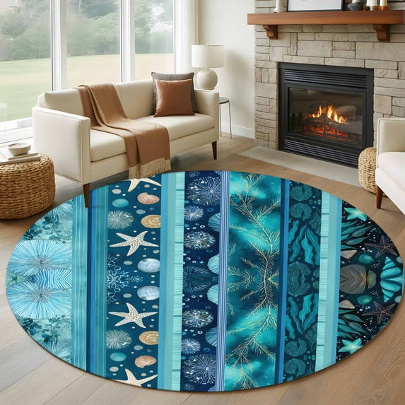 Teal Blue Starfish Coastal Round Area Rug 8Ft Washable Large Circle Rugs for Living Room Dorm, Nautical Coral Shell Ocean Summer Non-Slip Carpet Floor Mats Indoor Outdoor Carpet Runner Home Decor