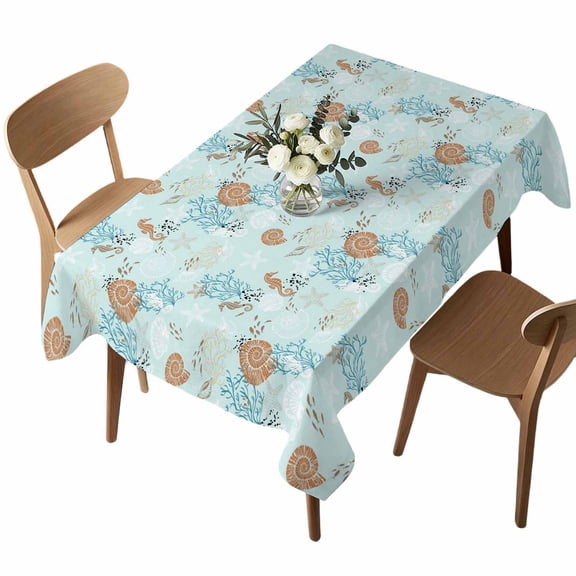 Teal Blue Starfish Coral Rectangle Tablecloth Beach Conch Seahorse Retro Waterproof Wrinkle Free Soft Table Cloth Spill-Proof Washable Table Cover for Dining Party Picnic 52 x 70 Inch