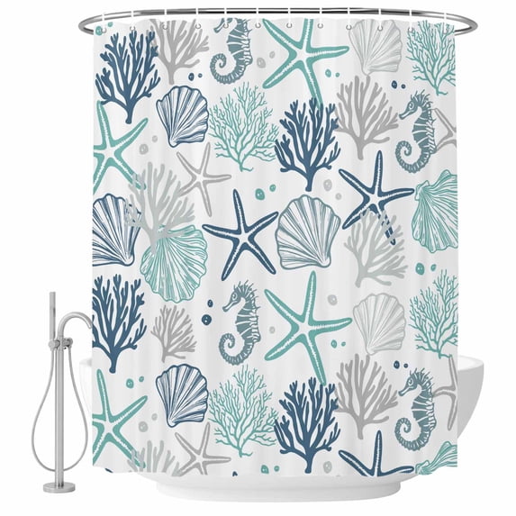 Teal Blue Starfish Fabric Shower Curtain Shell Coral Marine Life Washable Shower Curtains for Bathroom, Waterproof Bath Curtain with Hooks Home Decor 72x72in