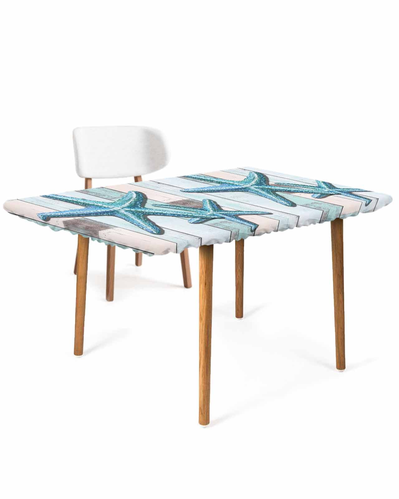 Teal Blue Starfish Rectangle Tablecloth, Waterproof Elastic Fitted ...