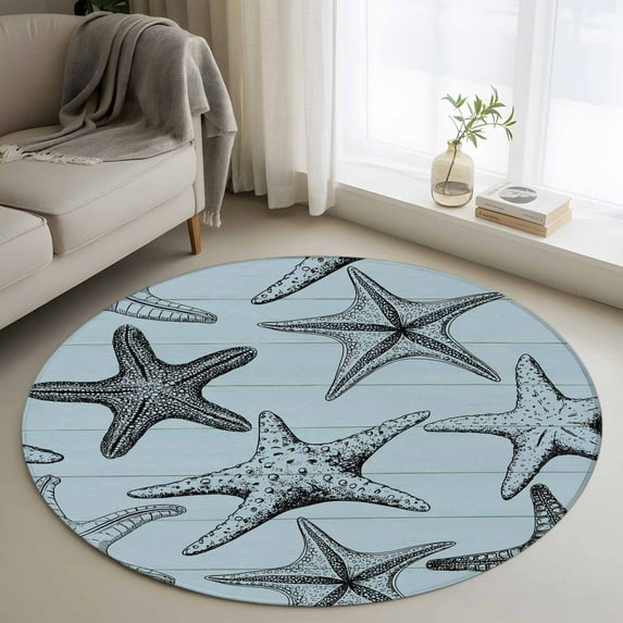 Teal Blue Starfish Round Area Rug 3.3Ft Washable Circle Rugs for Dining Room Table, Coastal Ocean Summer Sea Nautical Non-Slip Carpet Floor Mats Indoor Outdoor Carpet Runner Aesthetic Home Decor