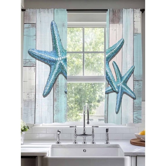 Teal Blue Starfish Sheer Curtains for Living Room Bedroom Summer Beach Coastal Retro Wooden Sheer Curtains 63 Inch Long 2 Panels Set Light Filtering Curtain Window Treatments Drapes for Dining Room