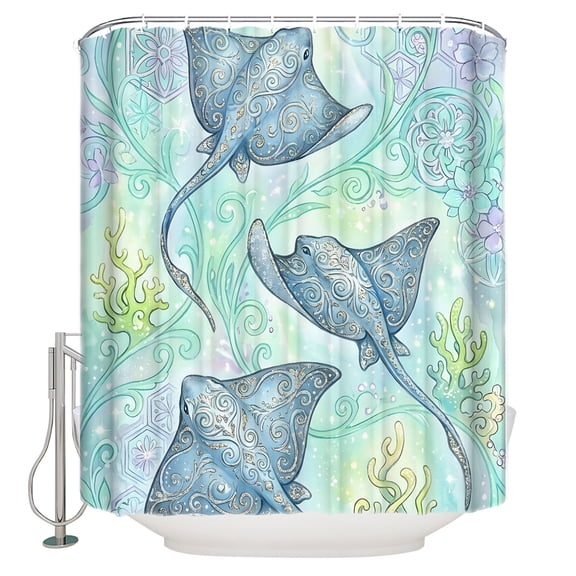 Teal Blue Stingray Bathroom Shower Curtains with 12 Hooks Waterproof Shower Curtain for Stalls and Bathtubs Ocean Coastal Chic Flowers Corals Decorative Bathroom Privacy Curtain 66x72 Inches