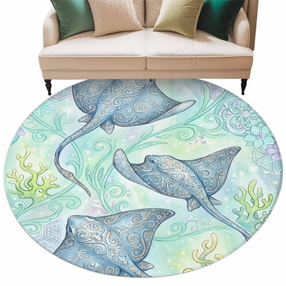 Teal Blue Stingray Round Rug 5ft Washable Circle Kitchen Rugs Non Slip Ocean Coastal Chic Flowers Corals Large Area Rug Indoor Floor Carpet for Bedroom Living Room Home Office Dining Room Nursery