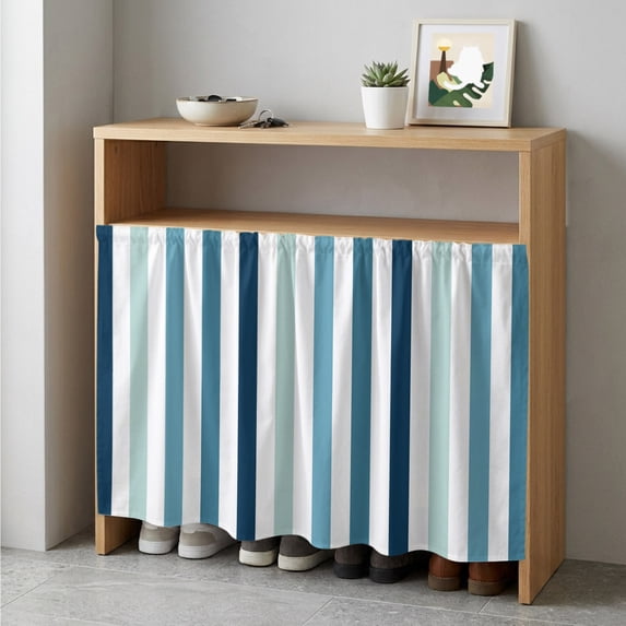 Teal Blue Stripe Cabinet Curtain 35"Wx35"L,Dustproof Under Sink Skirt with Self Adhesive Tape,Ombre Geometric Aqua Vertical Striped Cabinet Curtain Cover for Kitchen Sink,Bathroom Vanity,Laundry Room