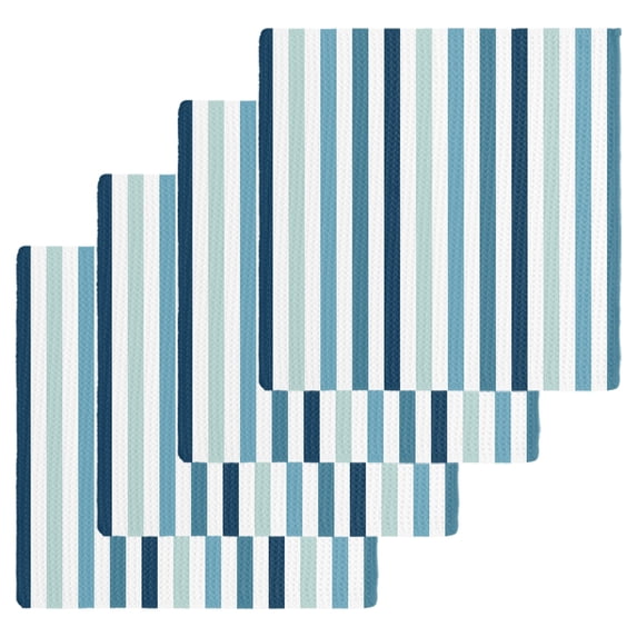Teal Blue Stripe Dish Towels Set, Waffle Weave Kitchen Towels 4 Pieces, Ombre Geometric Aqua Vertical Striped Microfiber Hair Face Bath Tea Towel Absorbent Quick Drying Cleaning Dish Cloths, 12"x12"