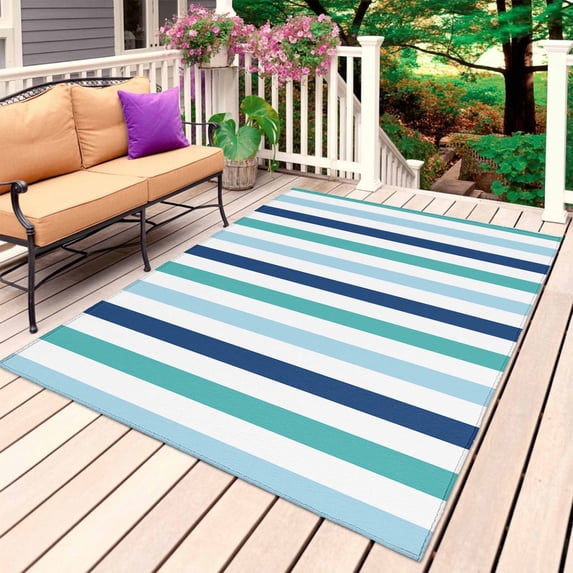Teal Blue Stripe Outdoor Rug for Patio/Deck/Porch, Non-Slip Large Area Rug 5 x 7 Ft, Ombre Geometric Green Vertical Striped Indoor Outdoor Rugs Washable Area Rugs, Camping Rug Carpet Runner