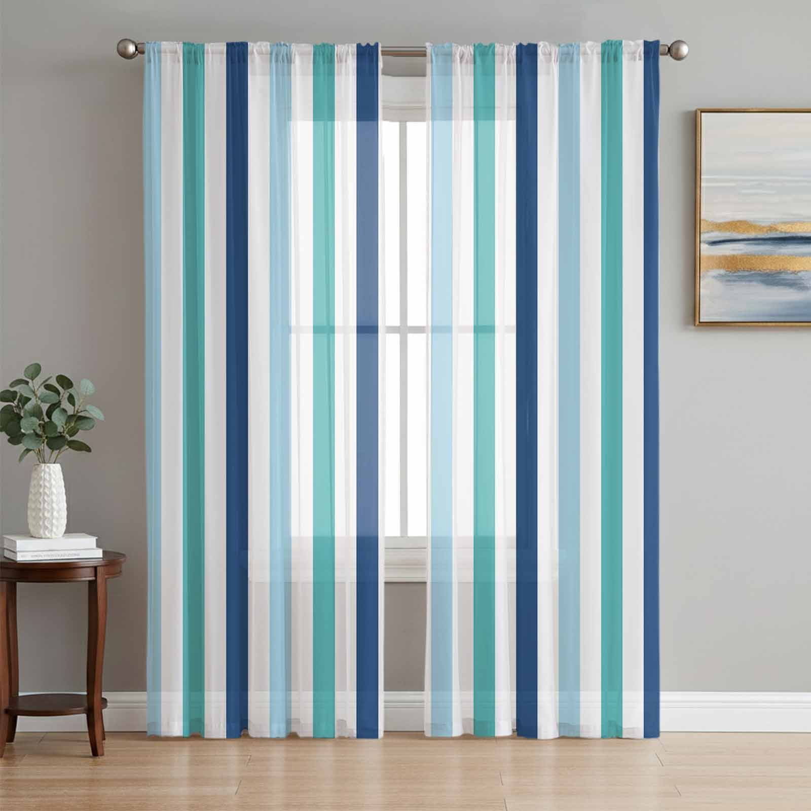 Teal Blue Stripe Sheer Curtains 72 Inch Length 2 Panels Set, Ombre