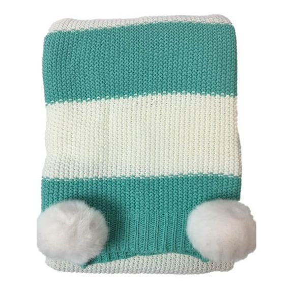 Teal Blue Stripe Sweater Knit Throw Blanket with Faux Fur Poms, Soft & Cozy Warm