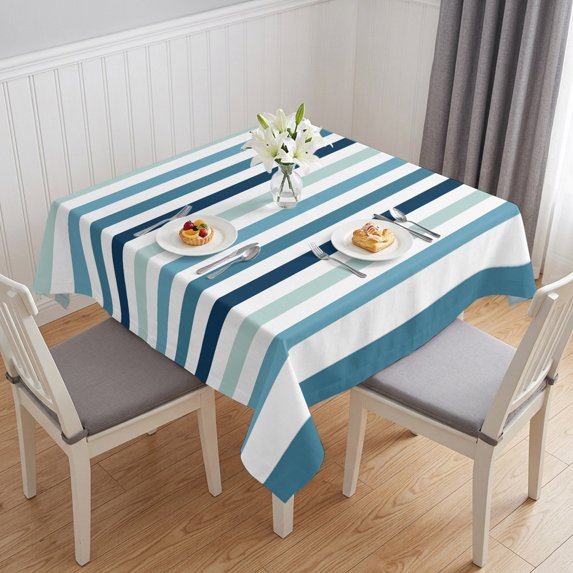 Teal Blue Stripe Table Cloth Waterproof Tablecloths, Ombre Geometric Aqua Vertical Striped Tablecloth Dining Table Cover for Kitchen Party Tabletop Outdoor, Square Tablecloth 60x60 Inch