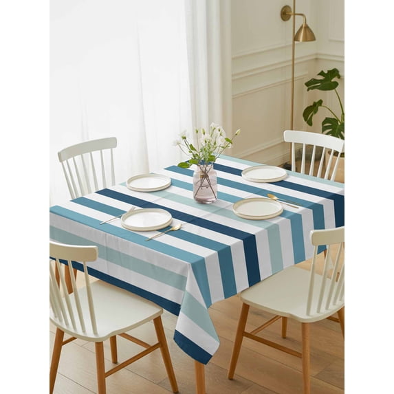 Teal Blue Stripe Tablecloth Rectangle Table Cloth 60x84, Waterproof Tablecloth Outdoor Table Cloth, Ombre Geometric Aqua Vertical Striped Washable Table Cover for Kitchen Dinning Party