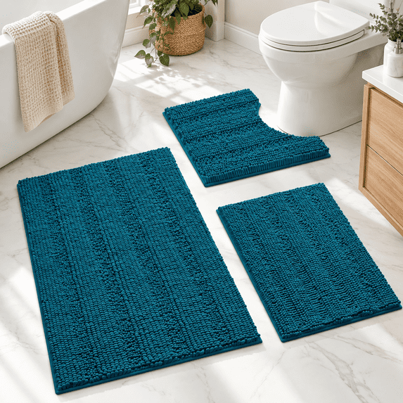 Skhape Teal Blue Striped 3-Piece Chenille Bath Rug Set 2'8