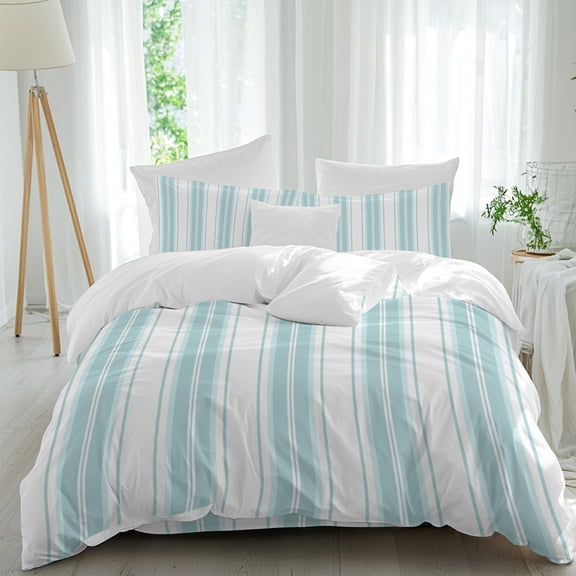 Teal Blue Striped Bedding Duvet Cover Set Full Size 4 Pieces, Vertical Stripe Modern Minimalist Bedding Set with Zipper Closure, 1 Comforter Cover 86x90 Inches 1 Flat Sheet & 2 Pillow Cases