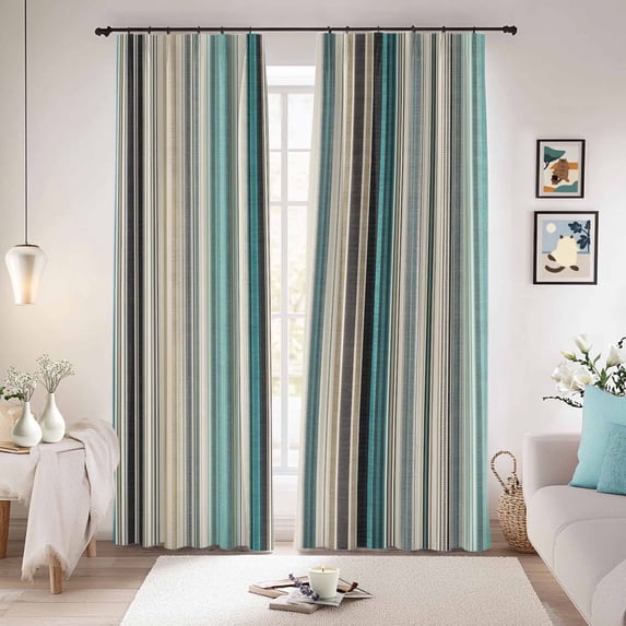 Teal Blue Striped Blackout Curtains for Bedroom/Living Room, Pinch Pleated Black Out Curtains, Farmhouse Stripes Modern Abstract Art Room Darkening Window Drapes with Hooks 2 Panels, 59"x70"