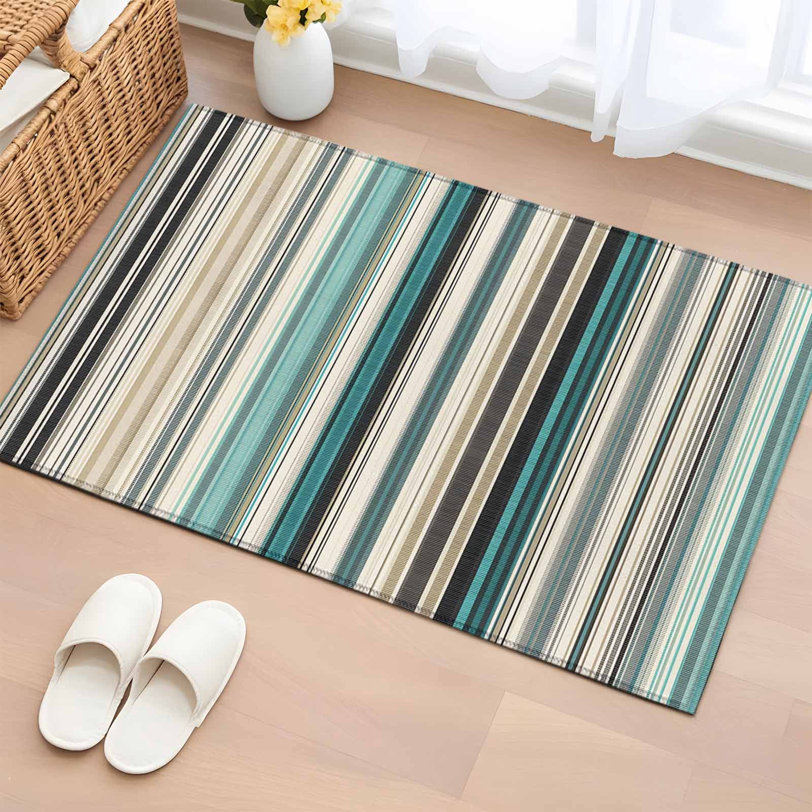 Teal Blue Striped Entryway Rug 2'x3'&nbsp; Non Slip Front Door Mats, Farmhouse Stripes Modern Abstract Art Entrance Rugs Indoor Outdoor Carpet, Washable Floor Mats Small Area Rug for Bedroom Kitchen