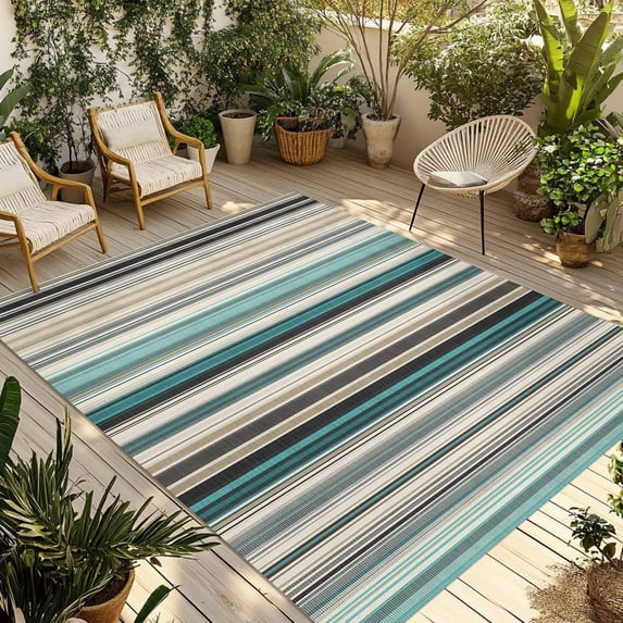 Teal Blue Striped Outdoor Rug for Patio/Deck/Porch, Non-Slip Large Area Rug 5 x 8 Ft, Farmhouse Stripes Modern Abstract Art Indoor Outdoor Rugs Washable Area Rugs, Camping Rug Carpet Runner