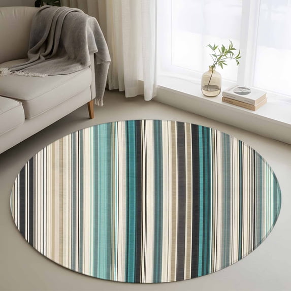Teal Blue Striped Round Area Rug 3Ft Washable Small Circle Rugs for Kitchen Entryway, Farmhouse Stripes Modern Abstract Art Non-Slip Carpet Floor Mats Indoor Outdoor Carpet Runner Home Decor