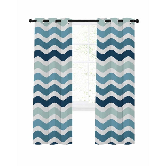 Teal Blue Stripes Ombre Blackout Curtains 39 Inches Long for Bedroom,Gradient White Geometric Ocean Wave Thermal Insulated Room Darkening Black Out Window Curtain Panels Grommet Living Room Drapes