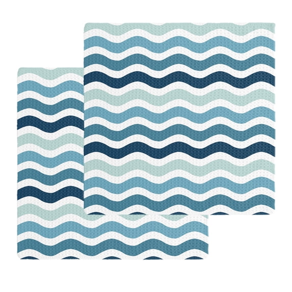 Teal Blue Stripes Ombre Kitchen Dish Towels for Drying Dishes Set of 2, Gradient White Geometric Ocean Wave Waffle Weave Microfiber Hand Tea Bathroom Towels Quick Dry & Absorbent Towel 12x12