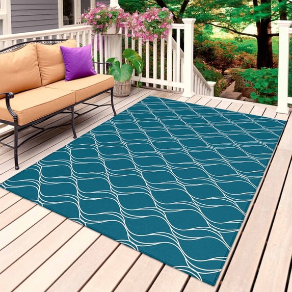 Teal Blue Stripes Outdoor Rug 5x8 Ft, Non Slip Washable Area Rug, Simple Geometric Modern Monochrome Patio Rugs Carpet Runner, Large Floor Mat for Indoor/Outdoor Deck Porch Camping