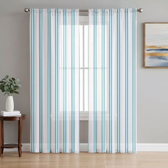 Teal Blue Stripes Sheer Curtains 63 Inch Length 2 Panels Set, Modern Vertical Striped Minimalist Voile Window Treatment Rod Pocket Curtains Sheers Drapes for Bedroom/Living Room/Kitchen 52x"63"x2