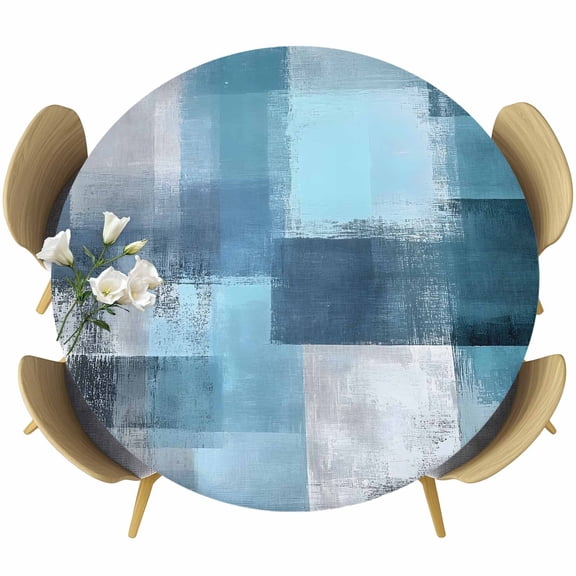 Teal Blue Table Cloth, Round Fitted Tablecloths with Elastic Edge, Modern Oil Painting Abstract Ombre Geometric Wipeable Waterproof Table Cover for Kitchen Wedding 55-60 Inches