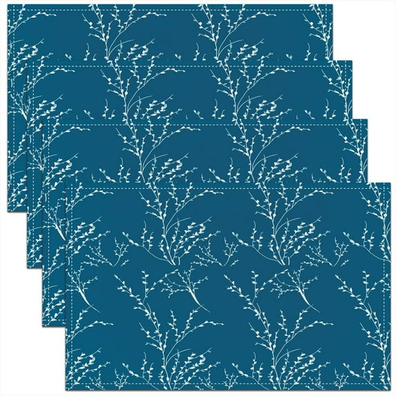 Teal Blue Table Place Mats, Set 18"x12" Flower Plum Blossom Placemats Set of 4 Decor Branches Placemat for Kitchen Dining Table Decor Indoor Outdoor
