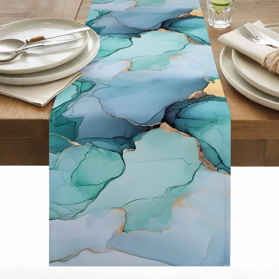 Teal Blue Table Runner 13x36 inch Gold Abstract Marble Natural Stone Cracks Modern Cotton Linen Dining Table Runner Ideal for Dresser Kitchen Coffee Tables - Machine Washable