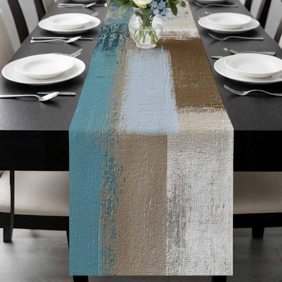 Teal Blue Table Runner 72 Inches Long, Brown White Minimalist Retro Smear Ombre Art Kitchen Coffee Dining Table Decoration for Home Party Birthday Wedding Home Decor 16x72 Inches