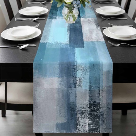 Teal Blue Table Runner 72 Inches Long, Modern Oil Painting Abstract Ombre Geometric Kitchen Coffee Dining Table Decoration for Home Party Birthday Wedding Home Decor 18x72 Inches