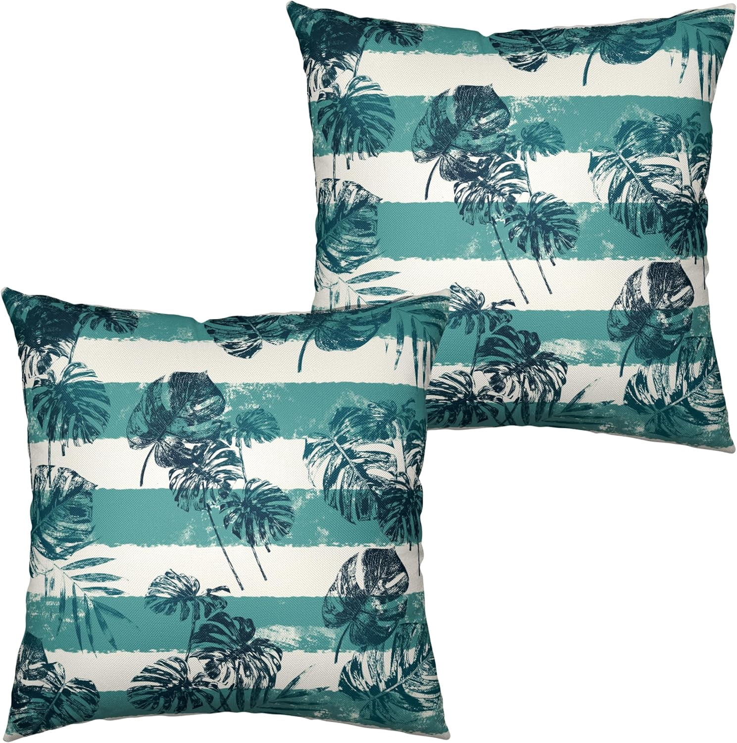 Teal Blue Tropical Leaves Pillow Covers 16x16 Set of 2 Blue and White