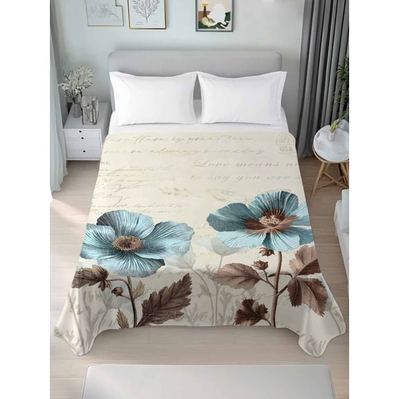 Teal Blue Tulip Queen Size Flat Sheet, Wrinkleproof & Fadeproof Cooling Flat Bed Sheet Only, Vintage Brown Flowers Elegant Plant Breathable Soft Bedding Top Sheets 90 x 102 Inches