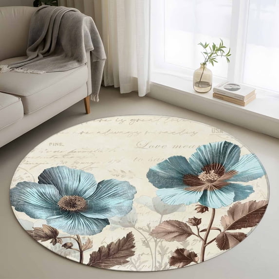 Teal Blue Tulip Round Area Rug 3 FT, Small Kitchen Bathroom Mats, Vintage Brown Flowers Elegant Plant Washable Indoor Outdoor Throw Runner Carpet Non-Shedding Doormat for Table Shower Sofa Entryway