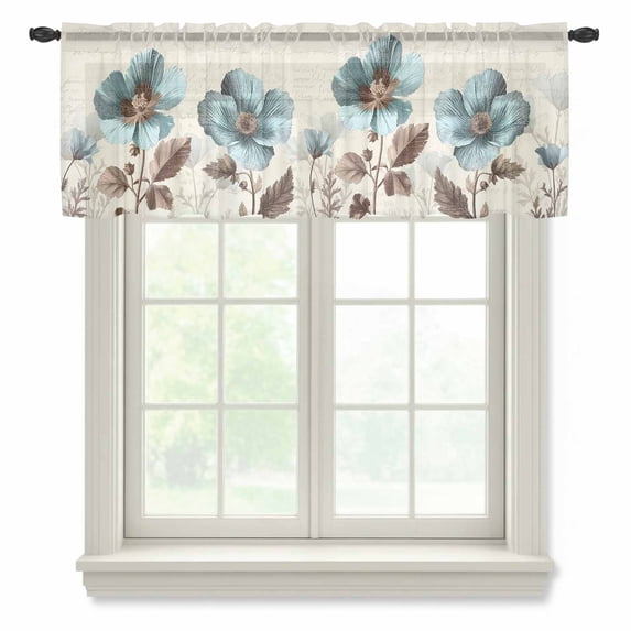 Teal Blue Tulip Valance Curtains for Kitchen/Living Room/Bathroom/Bedroom Window, Rod Pocket Small Topper Half Short Window Curtains Voile Sheer Scarf, Vintage Brown Flowers Elegant Plant 54"x18"