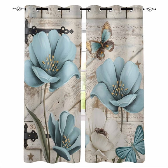 Teal Blue Tulips Blackout Curtains 45 Inches Long, Spring Floral Barn Doors Vintage Wood Beige Thermal Insulated Black Out Curtains, Darken Window Curtain for Bedroom Living Room 52"x45" 2 Panels