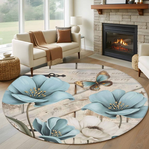 Teal Blue Tulips Round Rug 7ft Washable Circle Rugs Non Slip Spring Floral Barn Doors Vintage Wood Beige Large Area Rug Indoor Floor Carpet for Bedroom Kitchen Living Room Home Office Dining Room