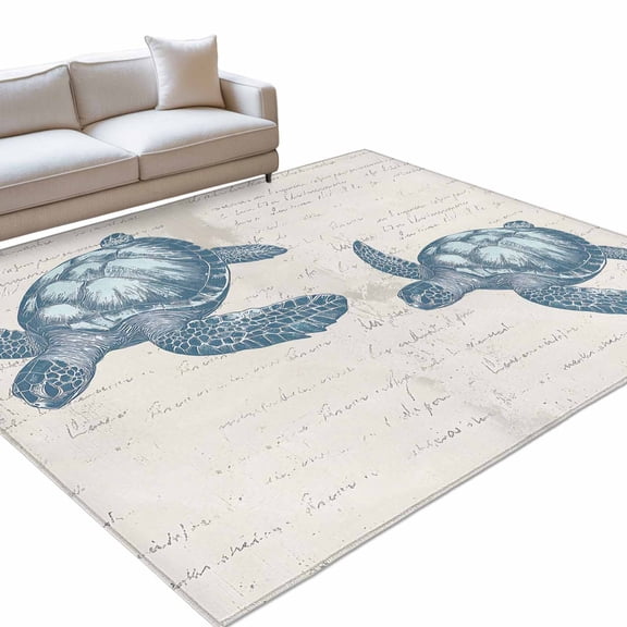 Teal Blue Turtle Area Rugs 6x9ft Ocean Animal Vintage Beige Text Bottom Floor Rug Non Slip Low Pile Ultra Soft Throw Carpet for Entryway Indoor Entrance Kitchen Bathroom